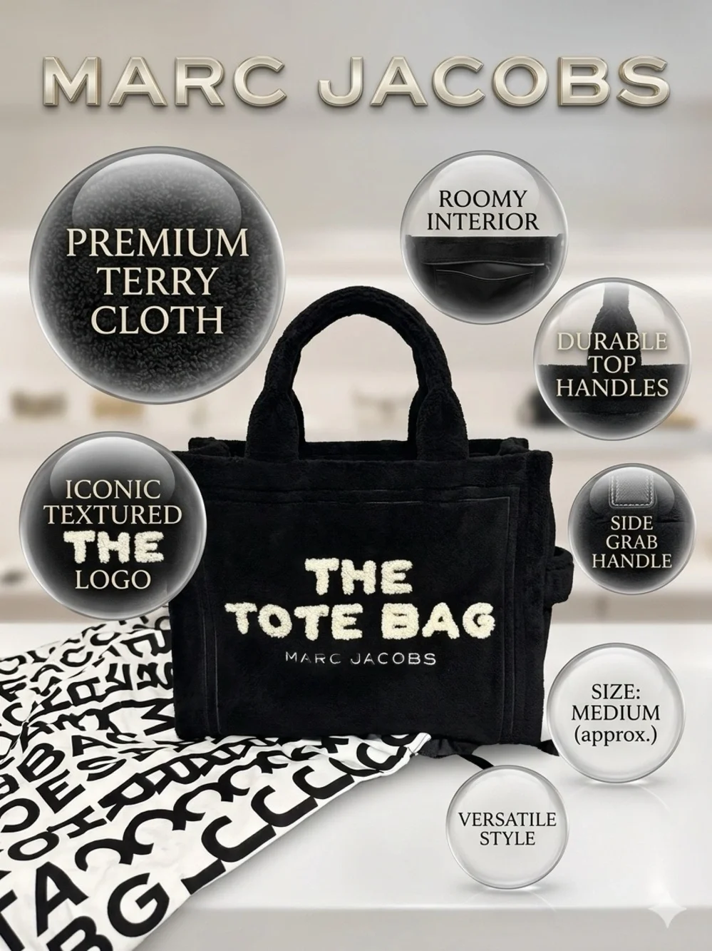 Marc Jacobs Black Terry Cloth Tote with Cream Logo NWT